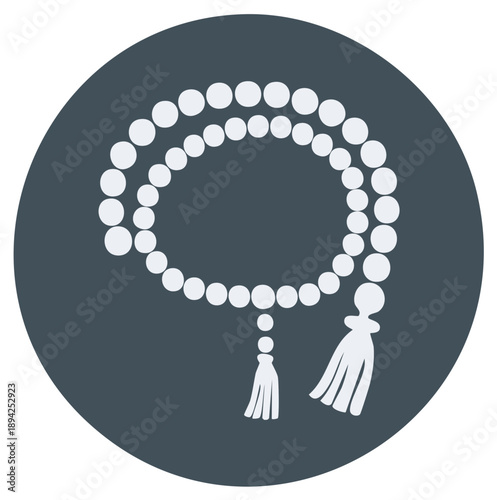 White prayer beads with tassels arranged in a circle on a dark background, Islamic, spiritual concept