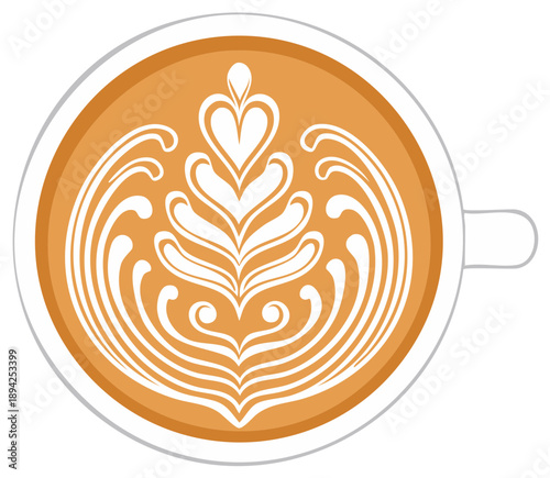 Overhead view of a white coffee cup filled with latte art in a rosette pattern