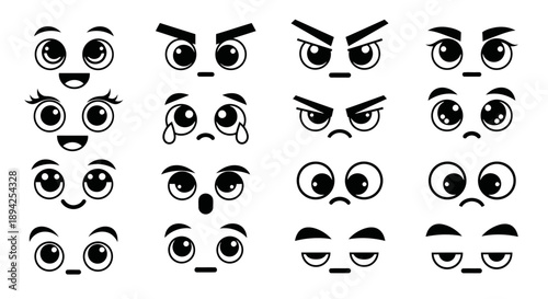Collection of Cartoon Eyes with Various Expressions and Emotions.