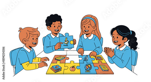 Children playing together with a colorful puzzle.