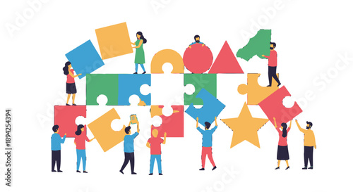 Diverse team collaborating on a puzzle project together.