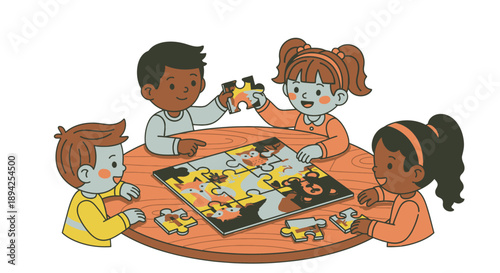 Diverse children playing a board game together at a round table.