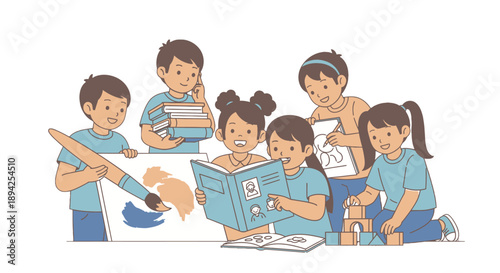 Group of children engaged in various reading activities together.