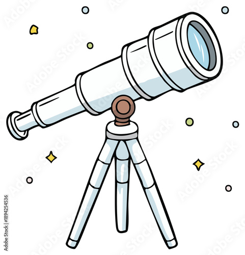 White Refracting Telescope on Tripod for Celestial Observation and Space Exploration