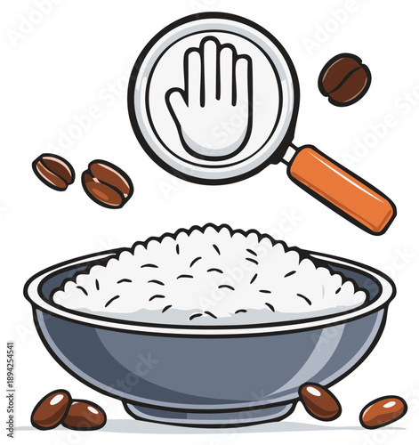 Magnifying glass and hand symbol over bowl of rice and coffee beans