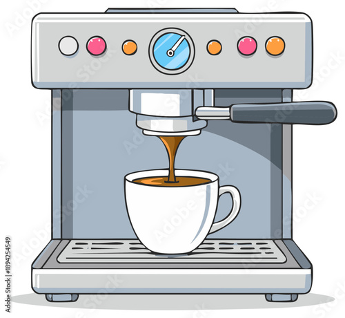 Cartoon espresso machine brewing coffee into a white cup