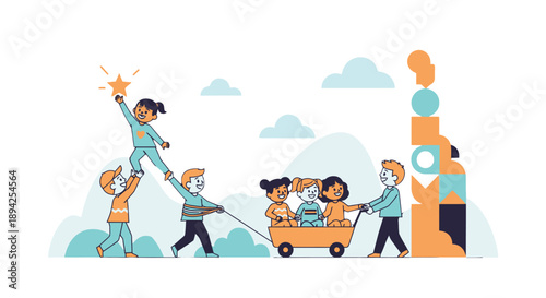 Teamwork and Collaboration People Pulling Cart with Person Reaching for Star.