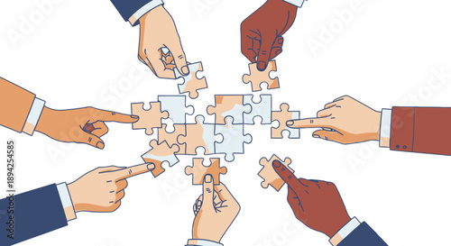 Diverse hands assembling a puzzle together in a collaborative effort.