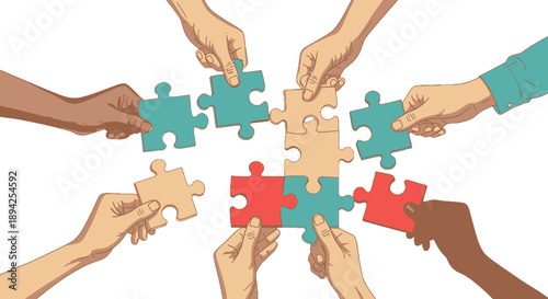 Diverse hands coming together to complete a puzzle.