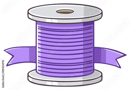 Vibrant purple thread spool with decorative banner for crafting and sewing hobbies