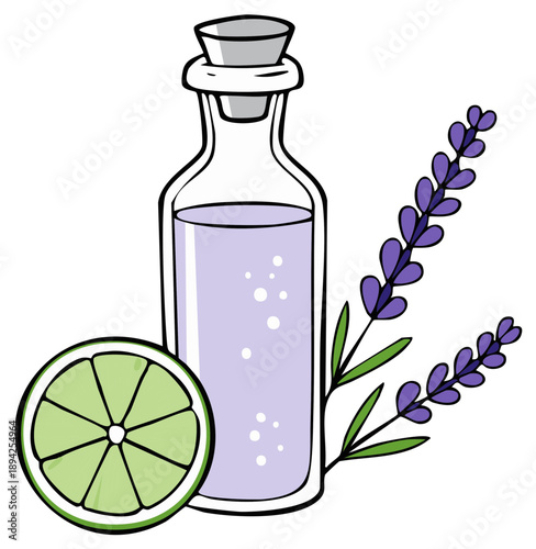 Essential oil bottle with lavender and lime slice, aromatherapy relaxation vector