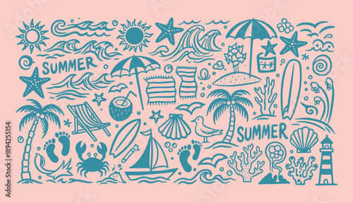 Nautical summer vacation doodle icons with sailboat, lighthouse, beach chair, surfboard, and sea life