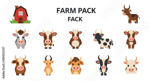 Cute Farm Animals Collection with Barn Illustration.
