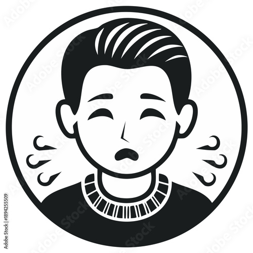 Vector illustration of a Sick Boy with Flu Symptoms in a Circle Frame