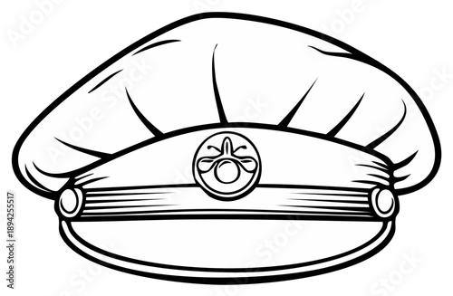 Monochrome Cartoon Style Conductor's Cap Illustration with Ornamental Pin and Detailed Visor and Crown