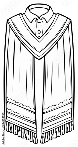 Traditional poncho and collared shirt garment illustration with decorative fringe and V-neck detailing