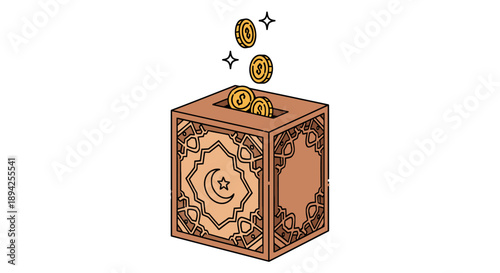 Coins being inserted into an intricately designed wooden zakat fund from a slightly elevated viewpoint