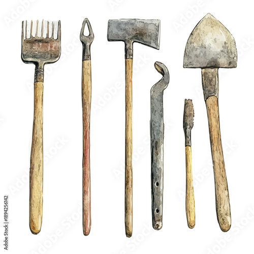 watercolor of Spring Garden Tools, isolated on a white background.