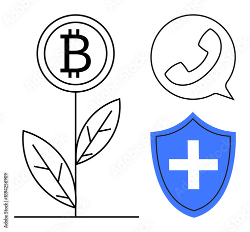 Technology, financial growth, healthcare, communication, blockchain, protection. Bitcoin symbol on a plant, blue shield with cross phone icon. Financial growth and healthcare protection concept