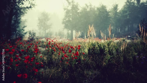Bright red poppies blanket a lush, green meadow surrounded by trees in a misty forest. The soft fog enhances the tranquil beauty of this early morning landscape.