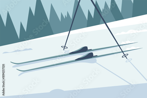 Skis on a Snowy Mountain Slope, winter recreation concept