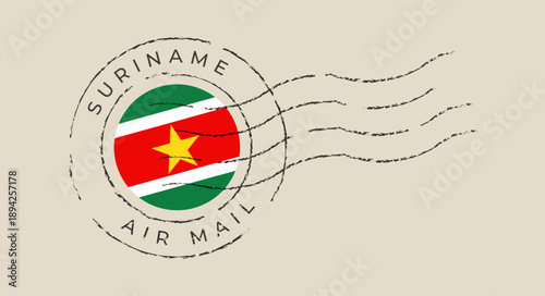 Suriname Flag Air Mail Vector Postmark Illustration with Grunge Cancellation Stamp for International Travel and Global Communication Concepts