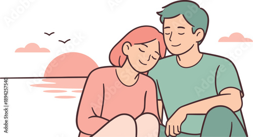 Romantic partners enjoying a gentle sunset pause, calm smiles and stillness conveying closeness and ease,