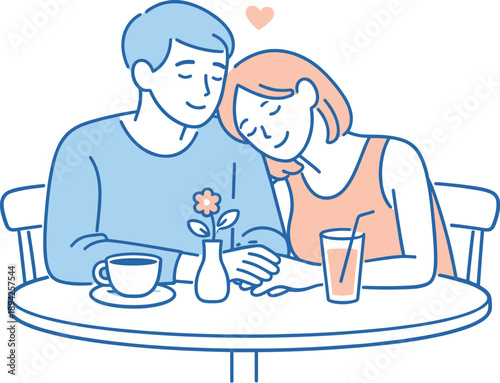 Romantic partners sharing time at a cafe table, sitting close with unhurried posture and calm expressions