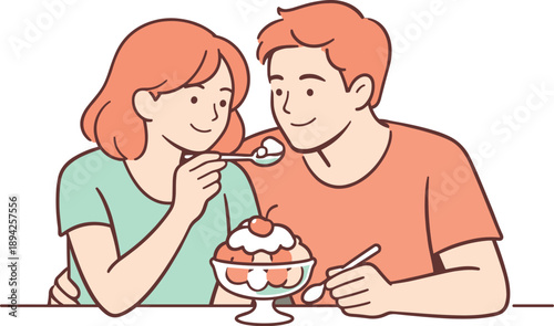 Image Generation. Romantic partners enjoying a shared dessert moment, gentle smiles and relaxed poses conveying affection and