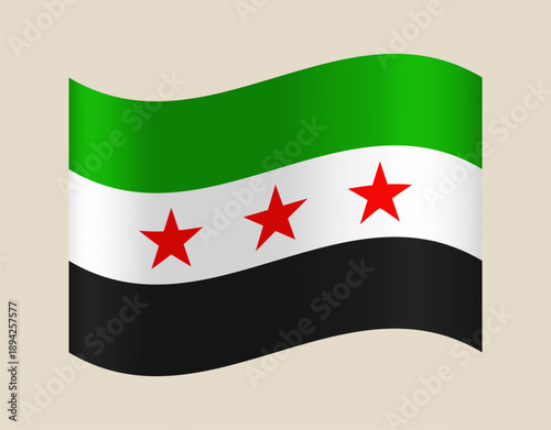 Dynamic Waving Flag of Syria Featuring Green White Black Stripes and Three Prominent Red Stars for National Identity.