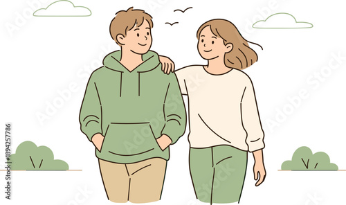 Image Generation. Friends enjoying fresh air together outdoors, two people standing or walking side by side with relaxed posture