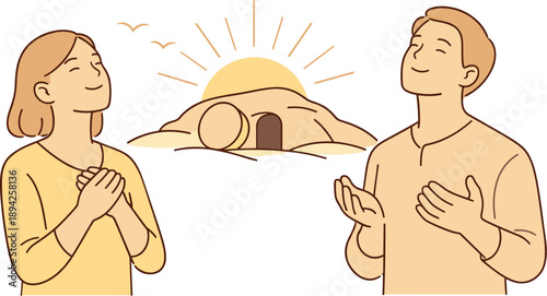  Easter resurrection faith and hope moment, two people standing calmly with gentle smiles and uplifted posture