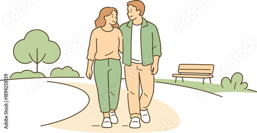 Couple walking along a park path together, two partners strolling side by side with relaxed posture and calm