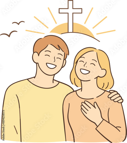 Resurrection joy in Christian belief expressed through two people standing close with uplifted smiles and