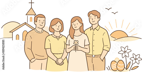 Easter morning church gathering scene, small group of people standing together calmly with gentle smiles and