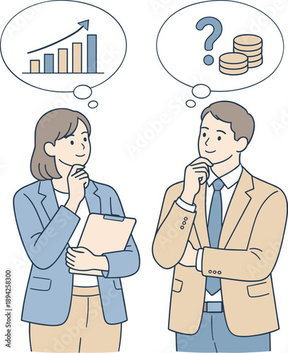 Business economy decision making moment, two professionals standing side by side and thoughtfully discussing