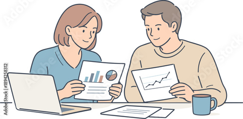 Colleagues reviewing financial reports together, two professionals sitting at a desk and calmly examining