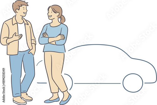 Man and woman buying a car together, couple standing beside a simple car shape and calmly discussing with