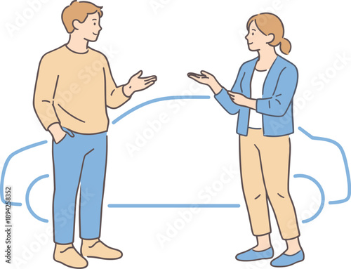 People discussing car purchase together, two individuals standing beside a simple car shape and calmly