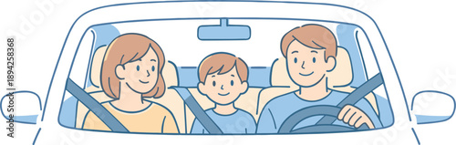 Family traveling by car together, parents and child seated inside a compact car with relaxed posture and calm