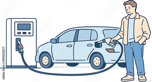 Driver refueling car at a station, single person standing beside a compact car and calmly holding a fuel nozzle