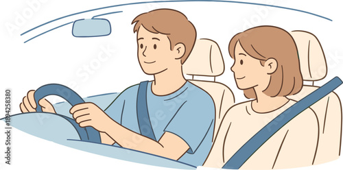Man and woman test driving a car together, couple seated inside a compact vehicle with relaxed posture and