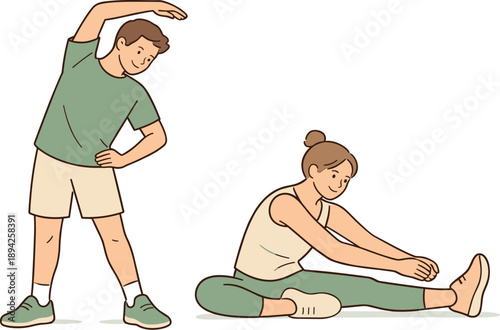 People stretching before exercise together, two individuals warming up side by side with relaxed posture and