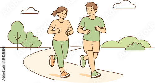  Friends jogging in a city park together, two people running side by side along a simple path with relaxed