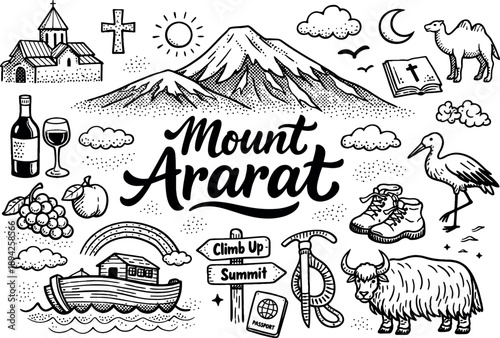 Iconic Mount Ararat summit hand drawn doodle elements set, center hand-lettered title, black & white vector line art, bold clean