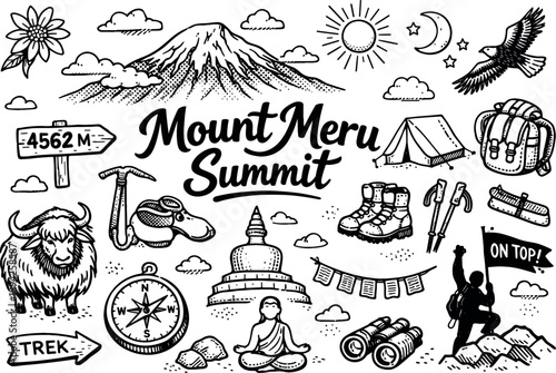Iconic Mount Meru summit hand drawn doodle elements set, center hand-lettered title, black & white vector line art, bold clean