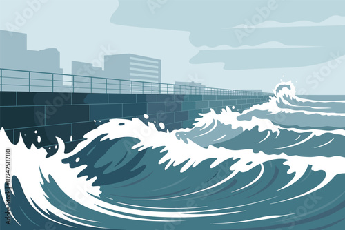 Stormy Ocean Waves Crashing Against a Coastal Seawall, natural disaster concept