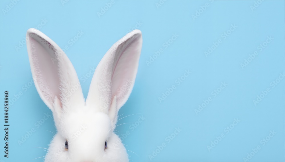 Obraz premium White rabbit ears on a light blue background with copy space. Easter minimalism. 