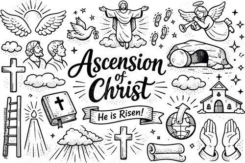 Ascension of Christ celebration hand drawn doodle elements set, center hand-lettered title, black & white vector line art, bold