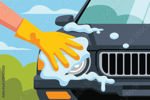 Hand Washing a Car with Soap and Sponge, car maintenance concept